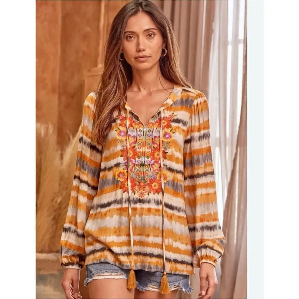 Savanna Jane Marigold Floral Embroidered Boho Top Women’s Size Small Long Sleeve